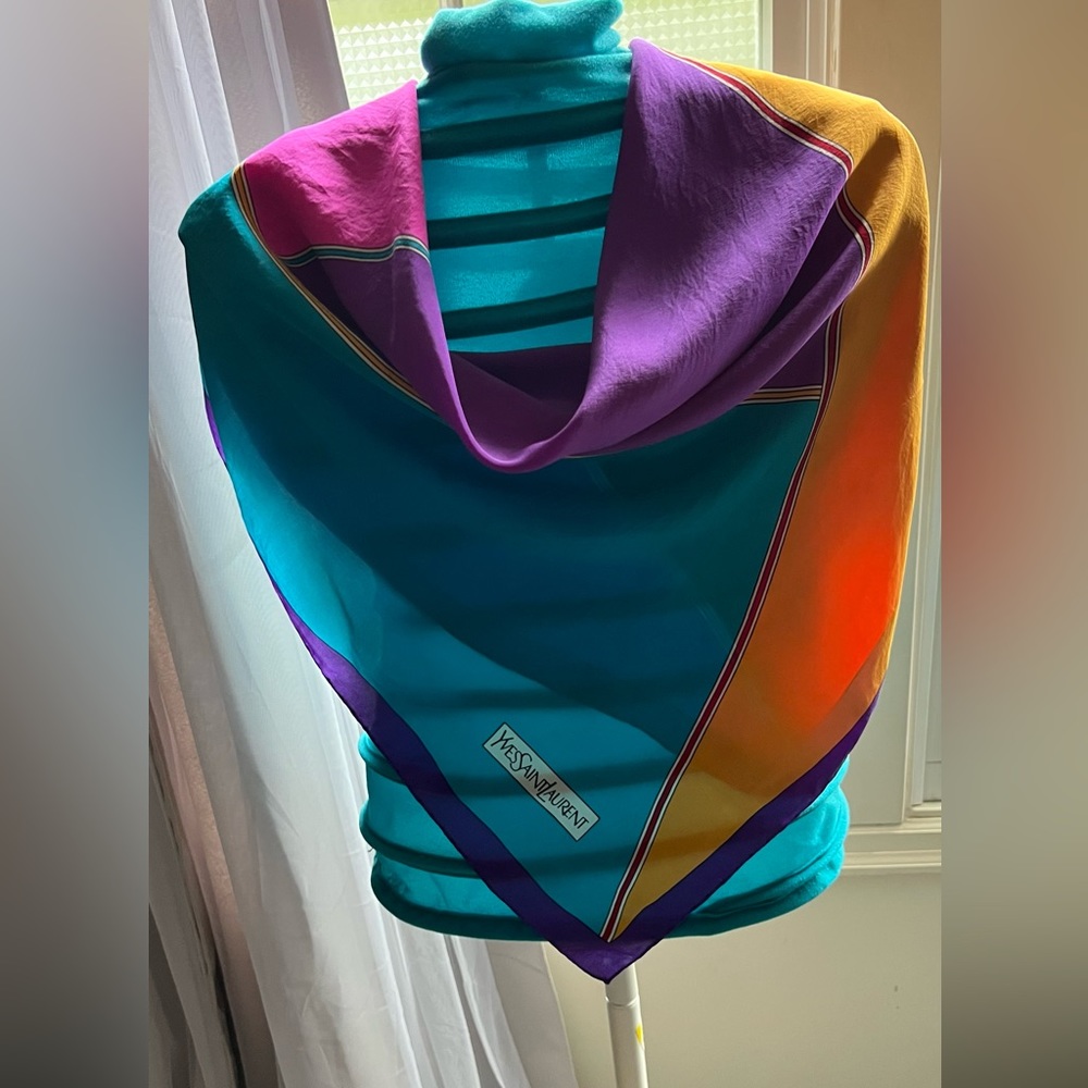 YvesSaintLaurent 100% Silk Scarf. Multicolor. Hand Rolled. Made in Italy.